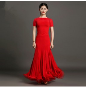 Black red short sleeves round neck women's ladies long length competition performance professional ballroom tango waltz dancing dresses outfits